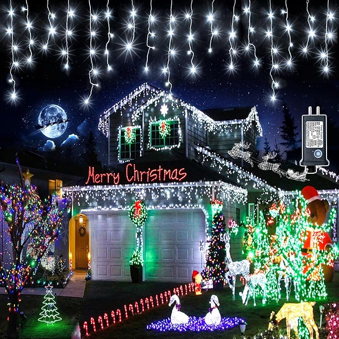 99ft 1216 LED Icicle Christmas Lights Outdoor - 8 Modes Icicle Lights with 228 Drops, Waterproof Plug in Fairy Curtain Light with Timer Memory for Party Holiday Wedding Decorations, Cool White