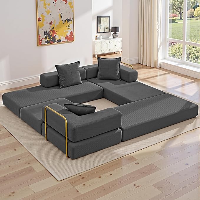 108" Oversized Convertible Sleeper Sofa Bed, Corduroy L Shape Sectional Couch, Folding Sofa Bed with Side Pocket, Modern Cloud Floor Mattress Couch, Modular Sofa for Living Room, Grey