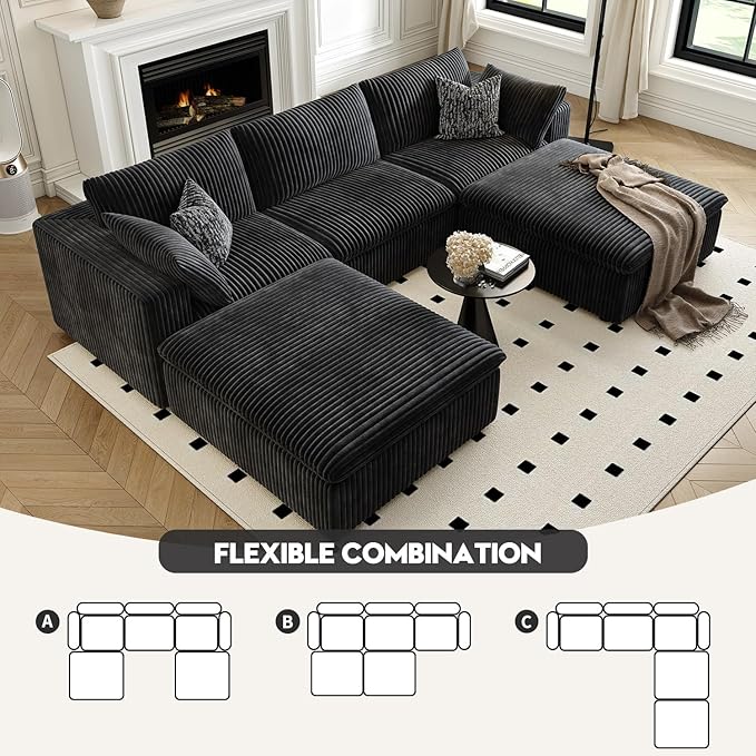 118" Cloud Couch Modular Sectional Sofa for Living Room,Modern Sofa with Deep Seat,U-Shape Boneless Couch with 2 Ottoman,Comfy Upholstered Corduroy Couches for Apartment, Studio, Office,Bedroom,Black