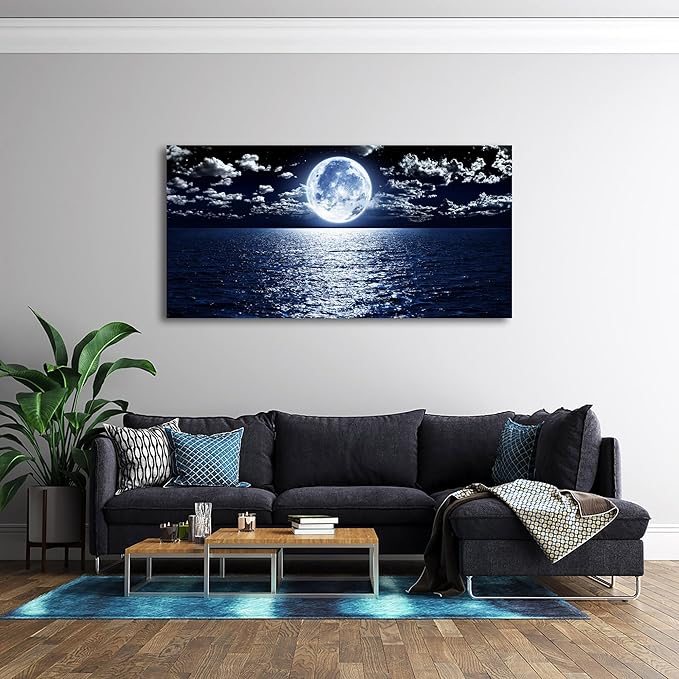 Cao Gen Decor Art S06950 Wall Art Canvas Prints Moon Sea Ocean Landscape 1 Panels Full Moon in Cloud Pictures Paintings Stretched and Framed for Living Room Bedroom Kicthen Office Artwork 20x40inch