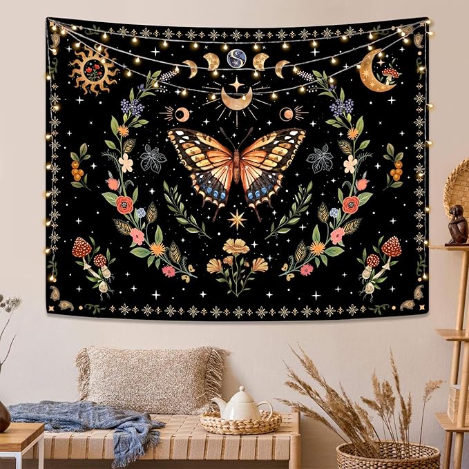 Lunerfex Boho Butterfly Tapestry Flower Moon Wall Tapestry, Moon Phases Tapestries for Bedroom Cute Tapestries Wall Hanging for Bedroom Living Room Decor Butterfly-1 44"x60"