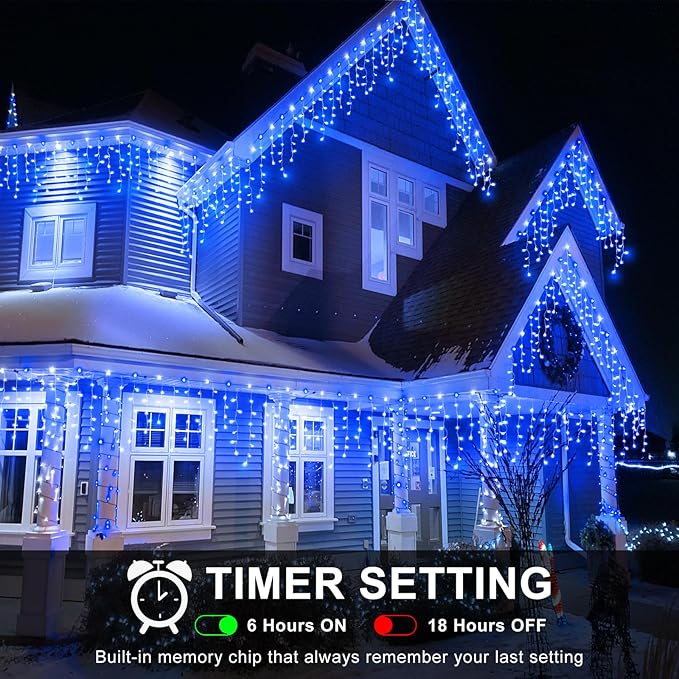 98FT Blue Icicle Lights for Outside, 1216 LED Icicle Christmas Lights with 8 Modes 228 Drops, Curtain Twinkle Lights for Indoor Outdoor Bedroom House Holiday Party Wedding Decorations
