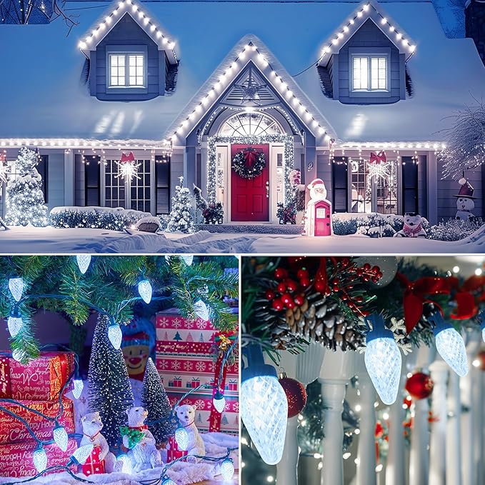 Brightown C9 LED Christmas String Lights, 33ft 50 LED Waterproof Strawberry String Lights, Plug-in Extendable Green Wire Lights String for Outdoor Indoor Patio Party Decoration (White)