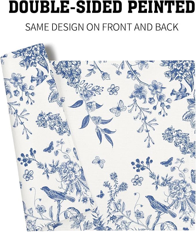Blue White Floral Placemats Set of 4 Spring Summer Hydrangea Flowers Branches Washable Non-Slip Heat Resistant Place Mats 12x18 Inch Chinoiserie Linen Table Mats for Home Kitchen Dining Party Decor