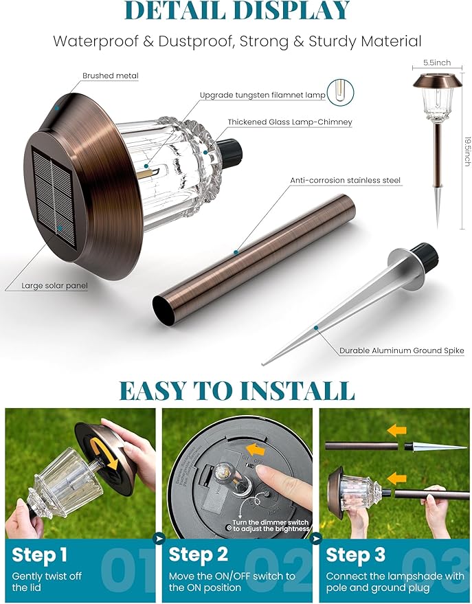 Solar Lights Outdoor Waterproof,4 Pack Bronze Pathway Lights with 10-40 LM Dimmable Glass and Metal, Solar Powered Garden Fall Decor for Yard,Patio,Pathway,Driveway(Warm White)
