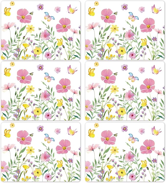 Spring Floral Butterfly Placemats Set of 6 Flower Summer Plastic Table Mats Wildflower Place Mats Washable Vinyl Rustic Holiday Table Decoration for Indoor Outdoor Party Kitchen Dining