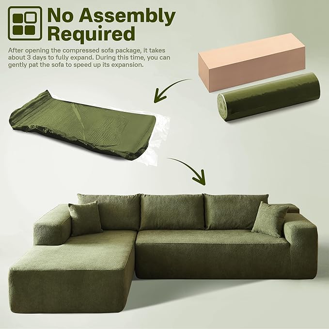 104" Cloud Sectional Couches for Living Room,L Shaped Boneless Couch in A Box,Sleeper Sofa with Comfy Chaise No Assembly Required,Green