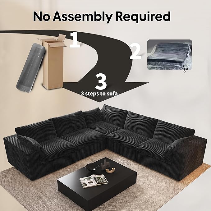 118" V Shaped Corner Modern Sofa Modular Sectional Cloud Couch,Deep Seat Upholstered Couches with Plush Corduroy Fabric for Living Room Furniture,Bedroom and Apartment,No Assembly Required,Black