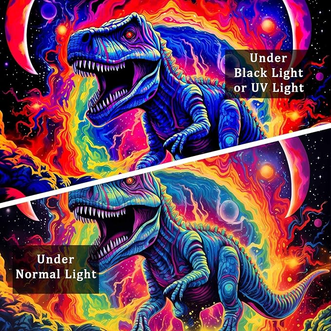 Dinosaur Wall Art, Blacklight Posters for Boys Room, UV Tapestry for Bedroom, Trippy Kids Wall Hanging, Dino Wall Decor (29x37in)