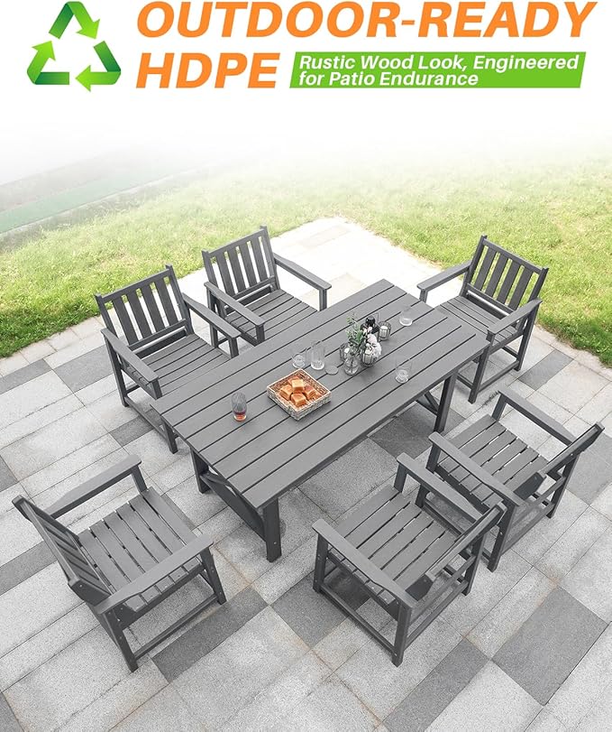 7 Pieces HDPE Outdoor Dining Set, Patio Dining Set with Umbrella Hole, All Weather Outdoor Dining Table Sets for 6, HDPE Patio Furniture Sets for Deck, Backyard, Lawn, and Poolside, Smoke Gray