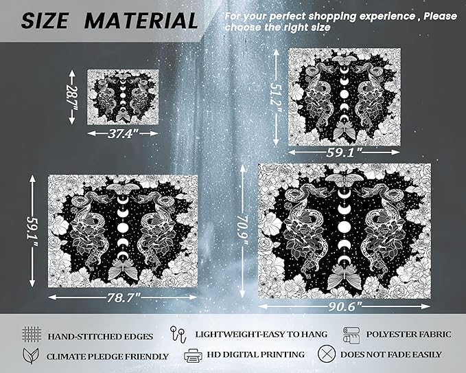 dueeia Moon Phase Witchy Tapestry Wall Hanging Snake Witch Occult Black and White Dark Tapestries for Bedroom Aesthetic Living Room Wall Decor (78.7"x59.1")