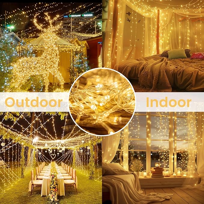 33FT 100LED String Lights Battery Operated with Timer, Waterproof Battery Powered Twinkle Lights, 8 Modes Fairy Light for Indoor & Outdoor Party Bedroom Garland Tree Christmas Decorations (Warm White)