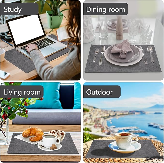 Faux Leather Placemats Set of 6,Heat Resistant Placemats for Dining Table, Easy Clean Non-Slip Place Mats, Waterproof Stain Resistant Wipeable Washable PU Table Mats, (Dark Grey)