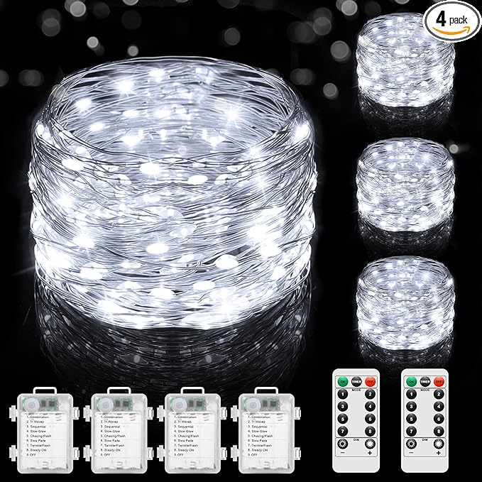 4 Pack 100 LED Fairy Lights Battery Operated with Timer & Remote, 33FT Waterproof Twinkle Lights Indoor Outdoor, Fairy String lights for Bedroom Classroom DIY Wedding Christmas Decorations, Cool White