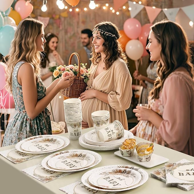 140 Pcs Boho Baby Shower Decorations for Girl, Baby Shower Plates and Cups and Napkins Sets, Oh Baby Plates for Western Sweet Baby Girl, Summer Fall Neutral, Serves 20