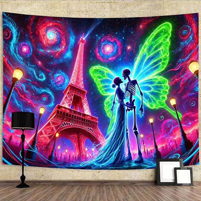 BlissYard Blacklight Skull Tapestry UV Reactive Tapestry 78x59 Inch Black Light Butterfly Galaxy Planet Glowing Large Neon Wall Hanging for Living Room Bedroom Decor Teens