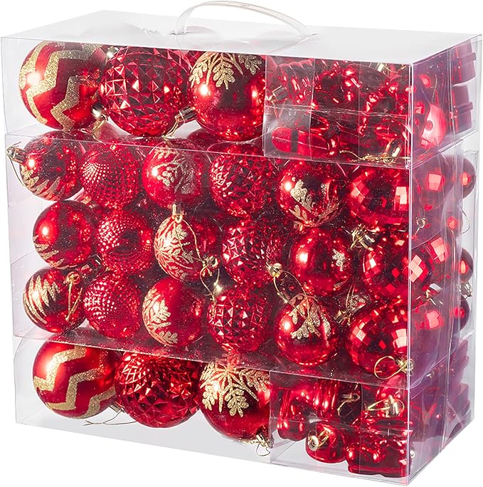 116Pcs Red Christmas Ball Ornaments Set, Shatterproof Christmas Hanging Decoration Set with Gift Box, Assorted Decorative Baubles Set for Xmas Tree/Home/Wedding/Party/Holiday (Red)
