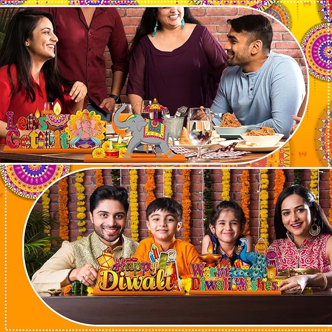6 Pcs Diwali Wooden Table Centerpiece Warm Diwali Washes Wooden Table Sign Festival Candle Elephant Peacock Signs Farmhouse Wood Tabletop Decor for Home Party, 6 Styles