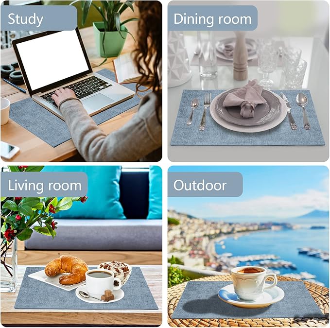 Faux Leather Placemats Set of 6,Heat Resistant Placemats for Dining Table, Easy Clean Non-Slip Place Mats, Waterproof Stain Resistant Wipeable Washable PU Table Mats, (Blue)