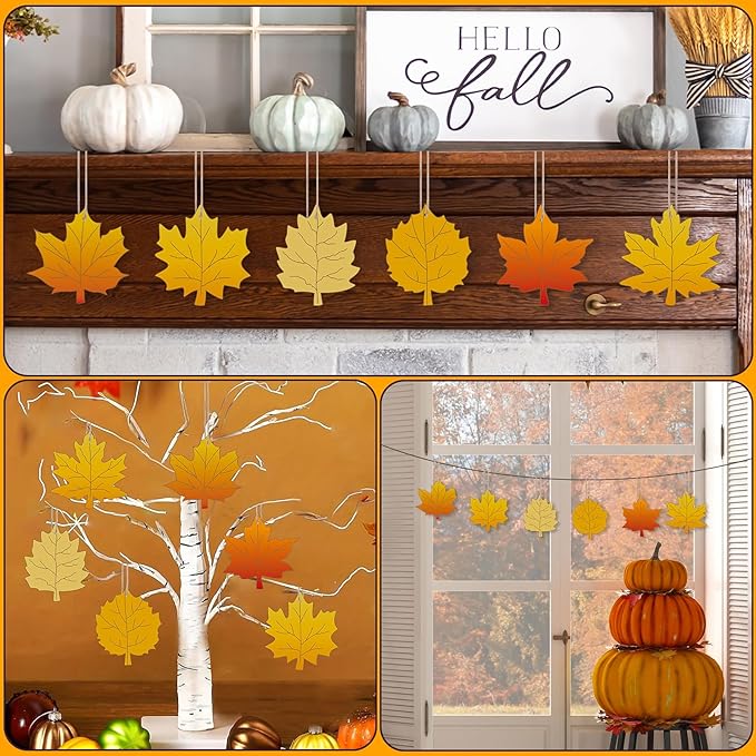 24 PCS Unfinished Wooden Fall Crafts, Maple Leaves Shaped Hanging Ornaments DIY Wood Craft Cutouts for Fall Home Decor (Leaves)