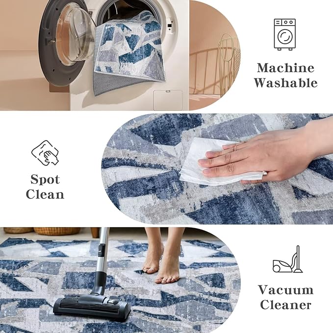 Modern Abstract Blue 5X7 Area Rug for Living Room Bedroom Washable, with Non-Slip Rubber Backing Print Faux Wool Thin, Throw Large Carpet for Kids Playroom Dining Room Pet & Child Friendly