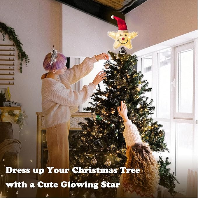 Christmas Tree Topper Snowman Star with Warm White 20 LED Lights, Xmas Tree Topper Star for Holiday Seasonal Decor Battery Required Outdoor Indoor