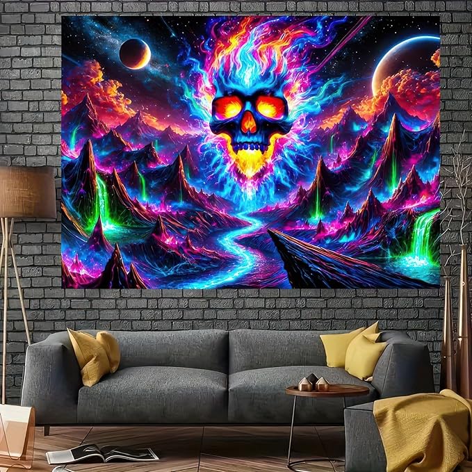 BlissYard Blacklight Skull Tapestry UV Reactive Tapestry 78x59 Inch Black Light Galaxy Planet Glowing Large Neon Posters Wall Hanging for Home Living Room Bedroom Decor