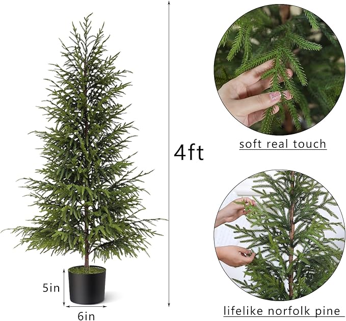 4ft Christmas Norfolk Pine Tree Artificial Christmas Tree Faux Potted Plants for Front Porch Christmas Indoor Outdoor Decor(2 PCS