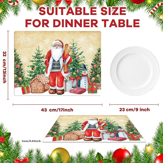 Christmas Placemats Set of 6 Retro Christmas Plastic Table Place Mats Merry Christmas Dining Mats Washable Xmas Holiday Rustic Vintage Table Decoration for Indoor Outdoor Christmas Party Dining Table