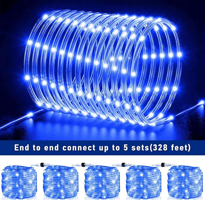 Rope Lights Outdoor, 66FT 200 LED Rope Lights for Outside Waterproof with 8 Modes, Plug in Connectable Clear Tube Light for Indoor, Garden, Backyard, Patio, Pool, Tree, Holiday Decorations - Blue