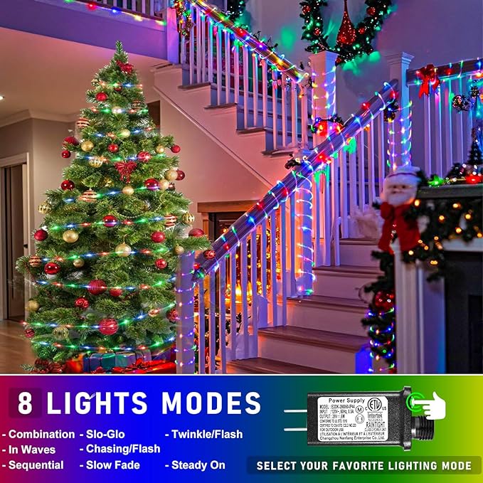 Rope Lights Outdoor, 66FT 200 LED Rope Lights for Indoor with Waterproof 8 Modes, Connectable Clear Tube Lights for Outside, Garden, Patio, Pool, Tree, Party Decorations - Multicolor