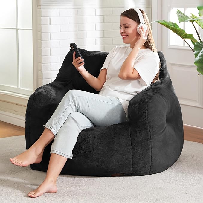 Hobestluk Bean Bag Chair for Adult Small Bean Bag Chairs with Arms Furry Beanbag Chair with Foam Filler Stuffed Bean Bag Sofa for Reading in Bedroom Living Room and Dorms (Black)