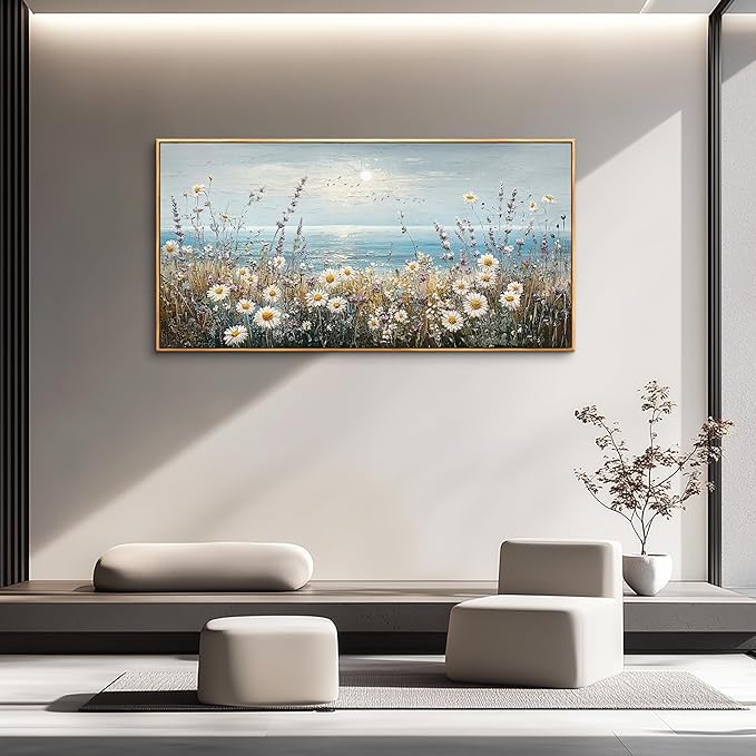 PHAOHUAXM Large Canvas Wall Decoration For Living Room Wall Art For Bedroom Office Decorations Blue Ocean Paintings Flowers Watercolour Wall Pictures Canvas Artworks Home Decor Wood Framed 24x48 In