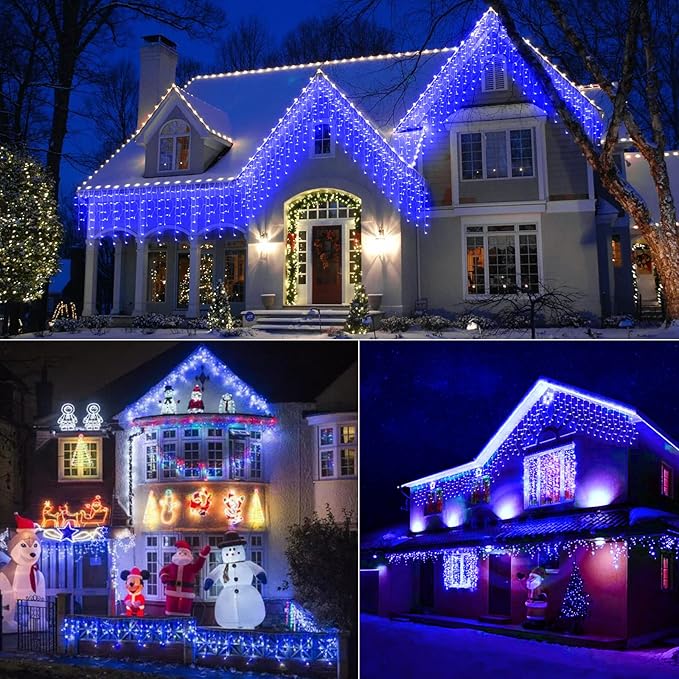 Brightown Blue Icicle Lights, 66Ft 736 LED Outdoor with 138 Drops, 8 Modes Remote and Timer for Halloween, Hanukkah
