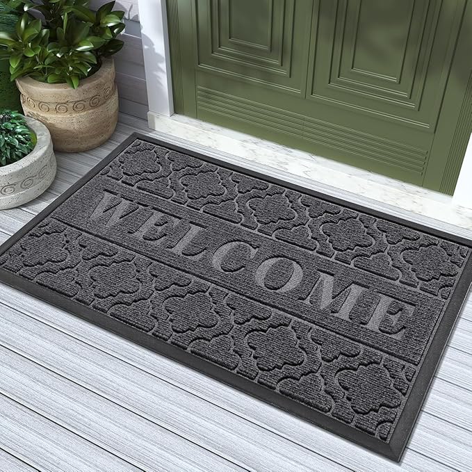 Yimobra Welcome Matt Outdoor Indoor 29.5x17, All-Weather Waterproof Front Door Mat Outside Entrance, Non-Slip Low Profile Porch Patio Doormat, Dark Grey