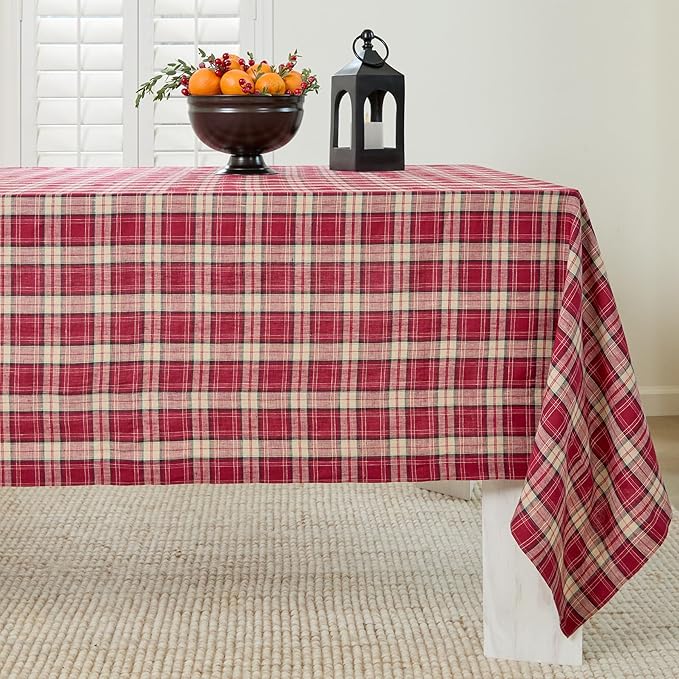 Solino Home Plaid Linen Tablecloth 60 x 90 Inch - 100% Pure Linen Burgundy Tartan Plaid Table Cloth for Rectangle Tables - Machine Washable Tablecloth for Christmas