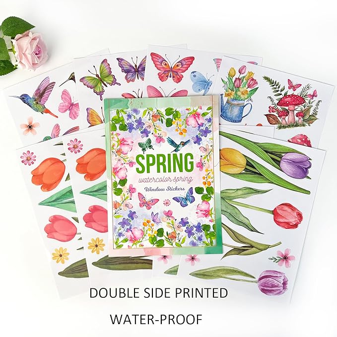 83 PCS Summer Window Clings Spring Flower Window Stickers Decorations for Glass Windows, Easter Tulip Butterfly Flower Window Decals