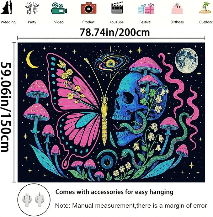 Starlit Patio Butterfly Skull Blacklight Tapestry UV Reactive Wall Hanging Mushrooms Snake and Cosmic Moon for Bedroom Dorm Living Room Glowing Psychedelic Decor Fluorescent Trippy Poster 78 x 59 Inch