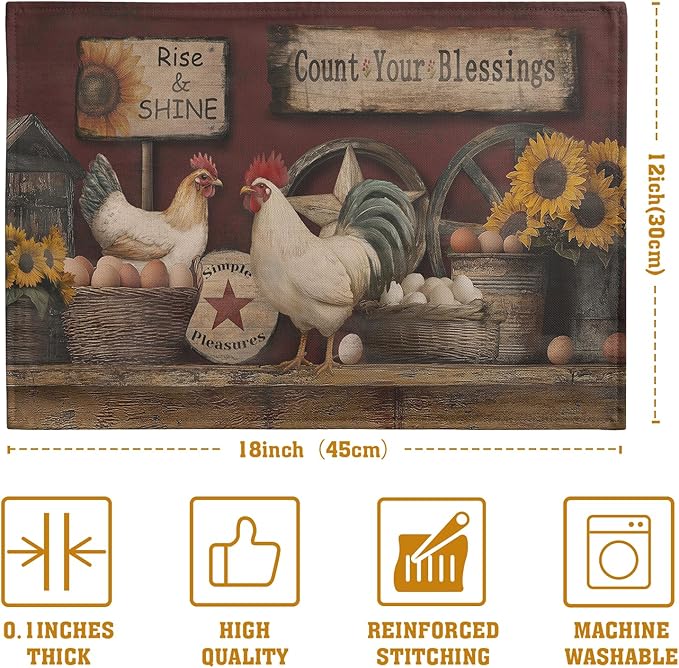 Farmhouse Rooster Placemats Set of 4 Farm Animal Chicken Place Mats 12x18 Inch Vintage Rustic Country Linen Table Mat Washable Non-Slip Placemat for Party Kitchen Dining Decor