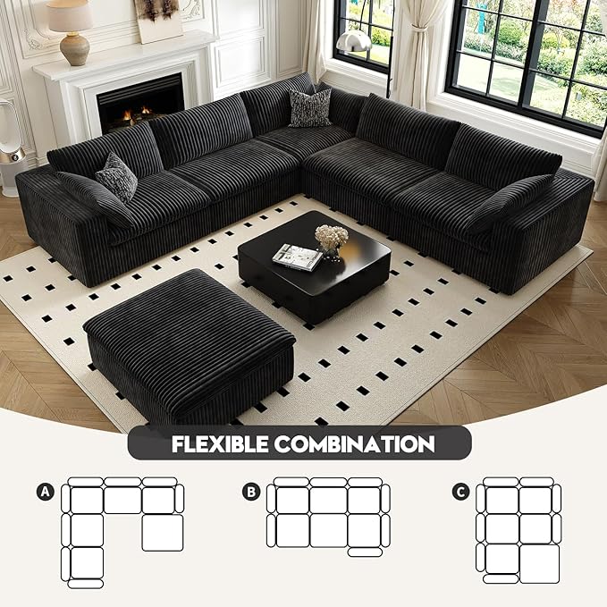 118" Cloud Couch Oversized Modular Sectional Sofa for Living Room,Modern Sofa with Deep Seat,6 Seater Boneless Couch,Comfy Upholstered Corduroy Couches for Apartment, Studio, Office,Bedroom,Black