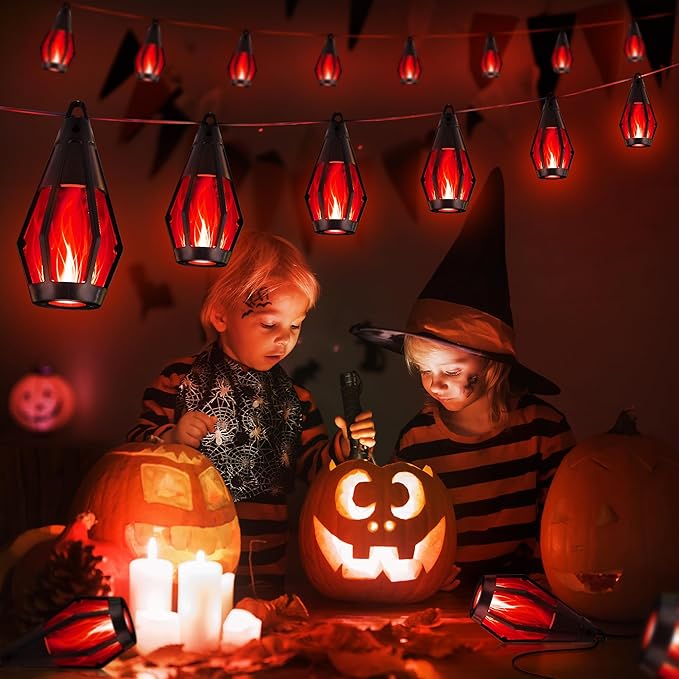 iBaycon Solar Halloween Lights, 42Ft 15 LED Bulbs Flickering Flame String Light, Outdoor Waterproof Solar Flame Lights for Garden Yard Patio Halloween Decorations (Red)