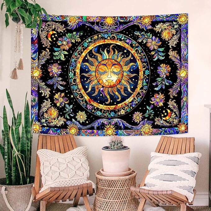 Lunerfex Sun Tapestry Stained Glass Tapestry Wall Decor Tapestries for Bedroom Boho Tapestries Wall Hanging for Bedroom Living Room Glass-Sun-01 60"x80"