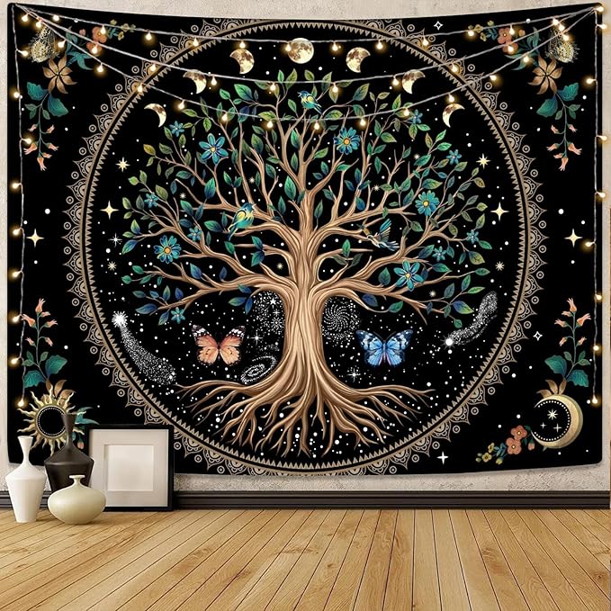 Lunerfex Tree of Life Tapastry Sun and Moon Tapastry Flower Boho Tree Mandala Wall Hanging for Bedroom and Living Room Decor Green Tree 44×60 Inches