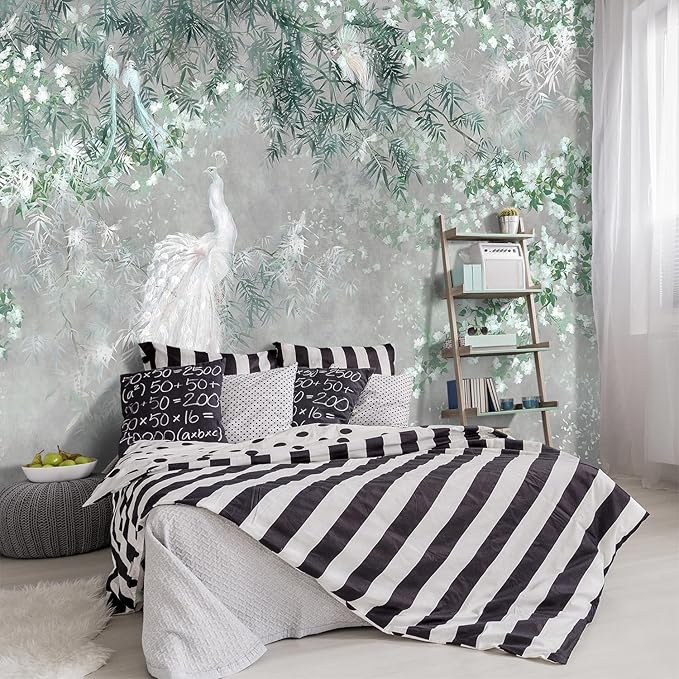 '-Green Leaf Botanical Peacock Fabric Wallpaper Wallpaper Living Room Bedroom Bathroom Grey Plant Large Wall Mural- 137"x96"( not Peel and Stick)