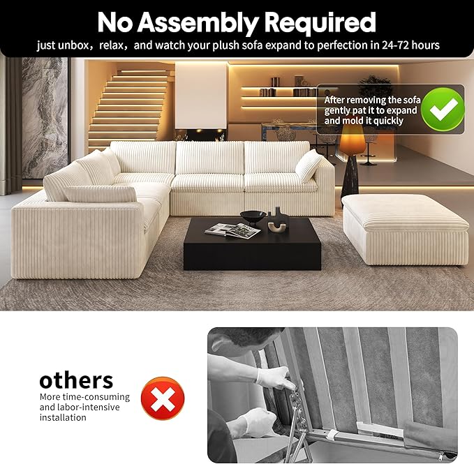 118" 6-Seater Cloud Sofa,Modular Sectional Couch with Ottoman,Modern Deep Seat Upholstered Couches with Plush Corduroy Fabric for Living Room Furniture,Bedroom and Apartment,No Assembly Required,White