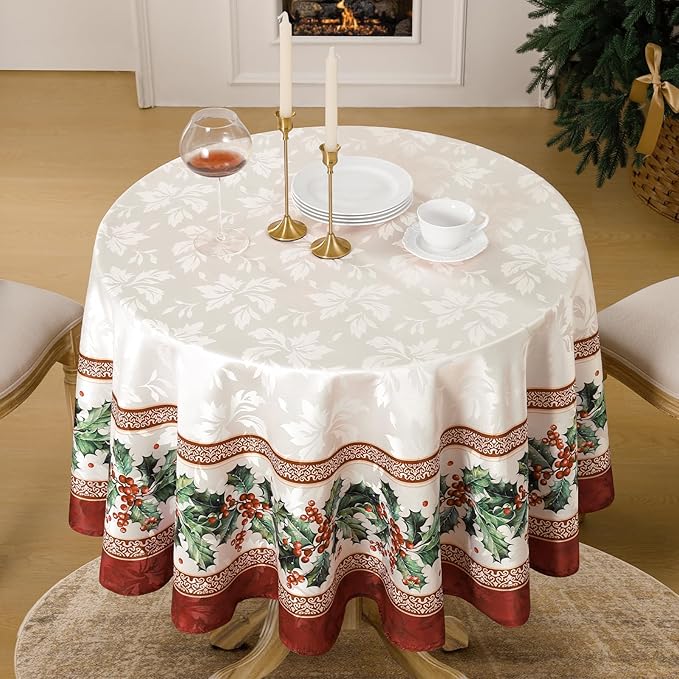 Softalker Christmas Jacquard Round Tablecloth, Winter Vintage Holly Waterproof Table Cloth, Xmas Farmhouse Fabric Table Cover for Holiday, Dining, Party Decor, Holly 70 Inch