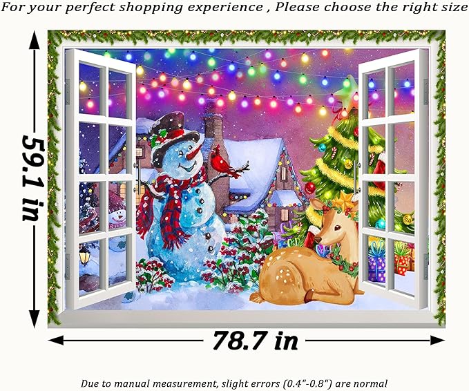 QGHOT Christmas Window Tapestry Wall Hanging, Christmas Backdrop Winter Window Wall Decor Xmas Snowman Deer Tapestries for Bedroom Living Room Dorm Holiday Party Decoration, Large