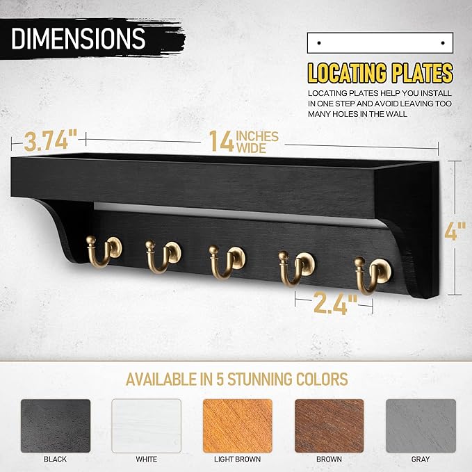 Rebee Vision Key Holder for Wall with Shelf : Decorative Key Organizer with 5 Rustic Keys Hooks and Primitive Wood Mail Organizer Wall Mount - Entryway Décor (Black)