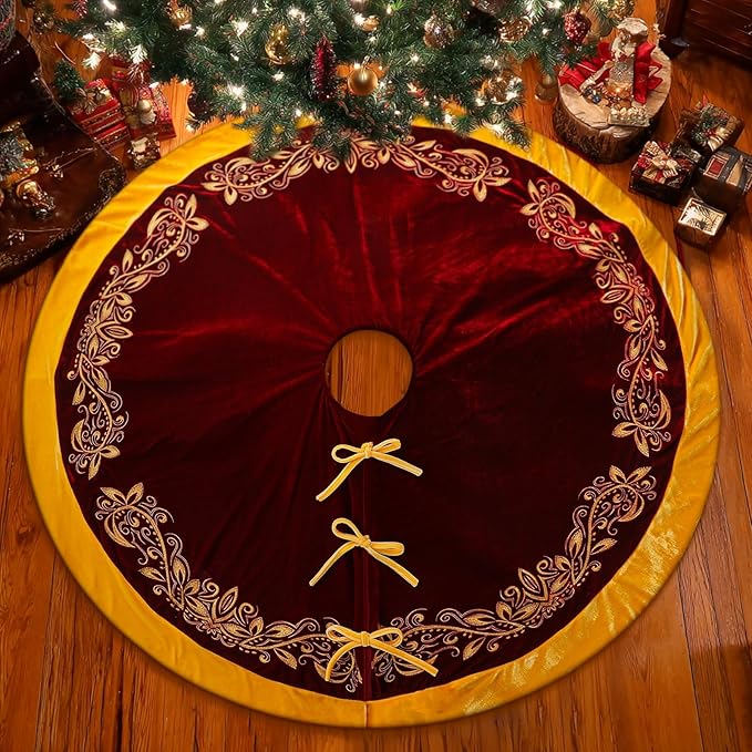 Luxury Velvet Christmas Tree Skirt 48 Inch Gold Victoria Embroidery Vintage Sparking Holly Tree Skirt for Holiday Party Rustic Xmas Decorations Home(Burgundy)