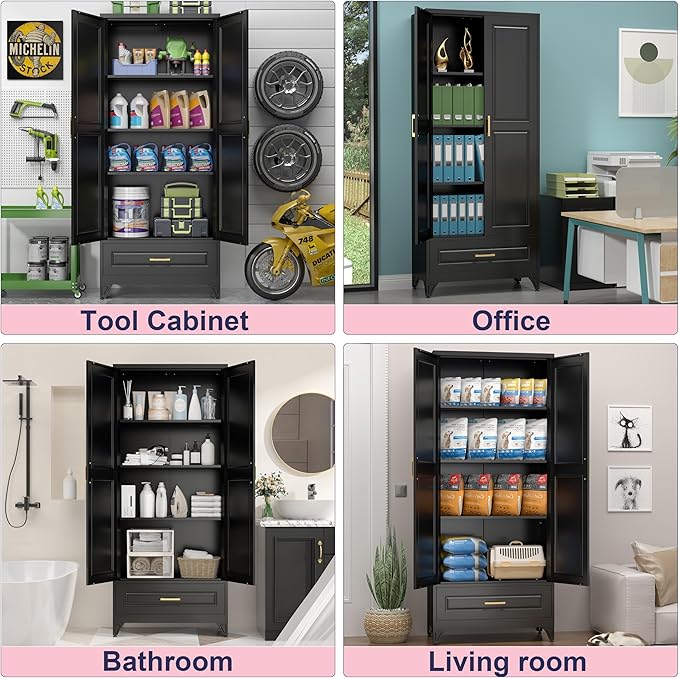 Pantry Kitchen Cabinet with Drawer, 75" Tall Pantry Storage Cabinet, Metal Storage Cabinets with Doors and Shelves, Large Freestanding Cupboard for Dining Room, Assembly Required, Black